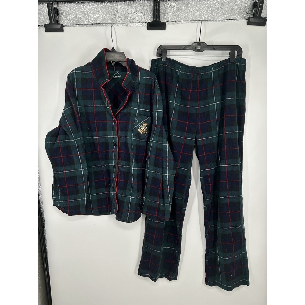 Polo Ralph Lauren Matching Plaid Flannel Pajama Set Shirt Pants Green Womens XL